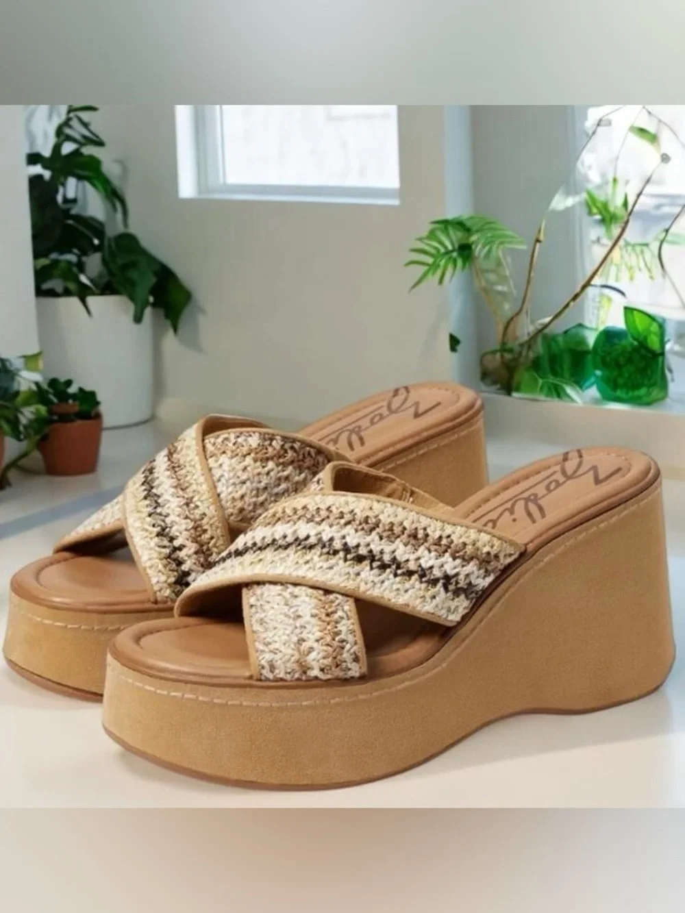Zodiac Tan Woven Platform Slide Wedges